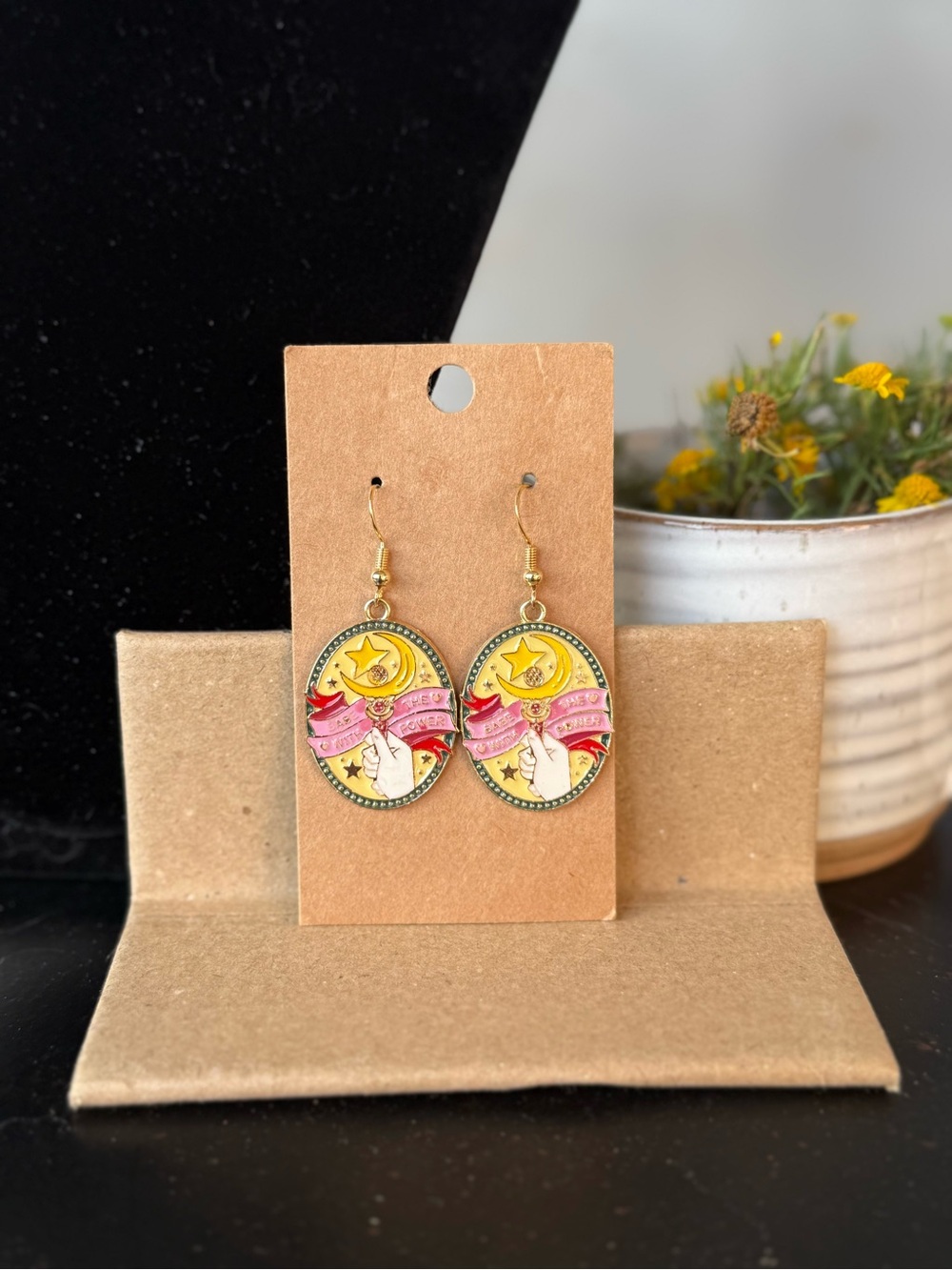 Vintage-Inspired Pink and Yellow Celestial Dangle Earrings